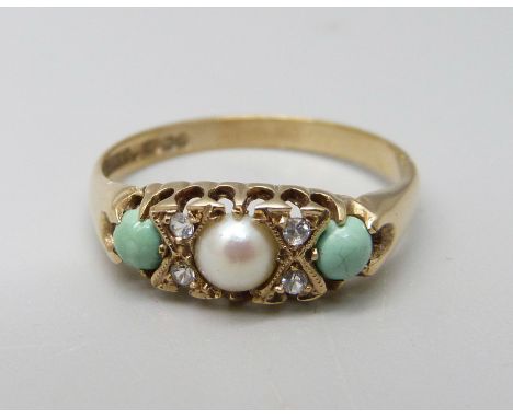 A 9ct gold, turquoise and pearl ring, 2.1g, P/Q 