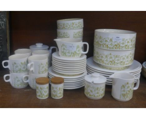 A Hornsea Fleur tea and dinner service, eight cups and saucers, seven dinner plates, seven side plates, two bowls, a teapot, 