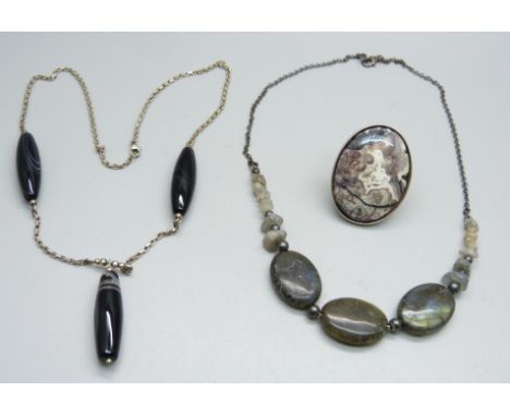 Two silver and hardstone necklaces and a hardstone ring size R 