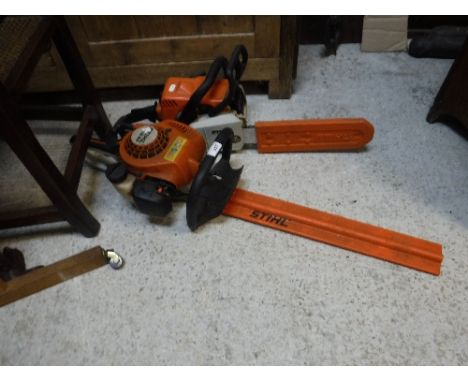 A Stihl HS45 2 stroke petrol hedge cutter together with a Stihl MS180 2 stoke petrol  chainsaw CONDITION REPORTS Unsure on ag