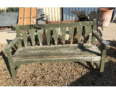 A painted teak slatted garden bench seat together with a Falcon gents racing bike with Brooks seat and two chimney pots and a