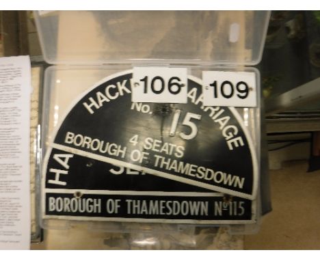 A vintage enamel Hackney carriage plate inscribed "Hackney Carriage 5 Seats Borough of Thamesdown No. 115", together with a f