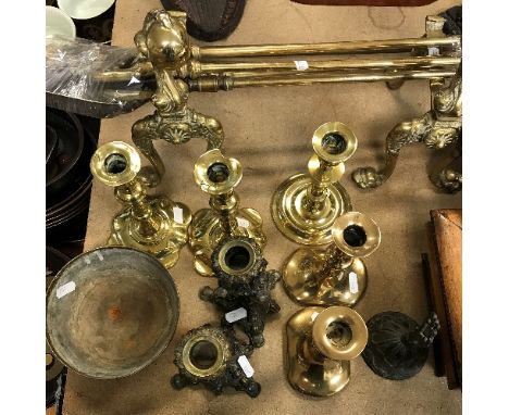 A pair of 18th Century brass petal base candlesticks with knop stems, 18 cm high, together with two further pairs of brass ca