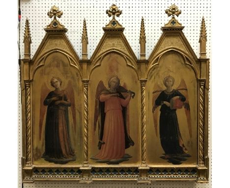 19TH CENTURY FLORENTINE SCHOOL "Angel Musicians" one playing drum, one a violin and another a harp within a Gothic arch Tript