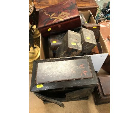 A collection of various treen ware to include an Indian carved sandalwood and inlaid dome top two section tea caddy, a Victor