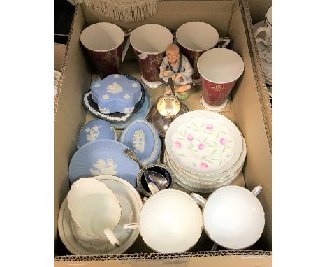 Two boxes of assorted decorative china wares to include Tuscan part tea set decorated with pink flowers, various Wedgwood and