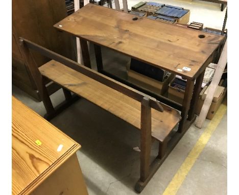 A 19th Century French fruitwood double school desk with integral bench seat 110 cm wide x 78 cm deep x 75 cm high