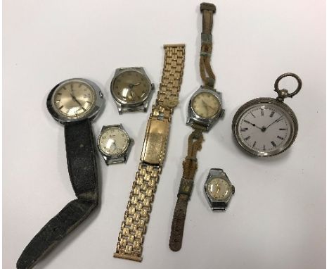 A collection of wristwatches to include Timex, Rone, Smiths, etc and a silver cased pocket watch, the white enamel dial set w