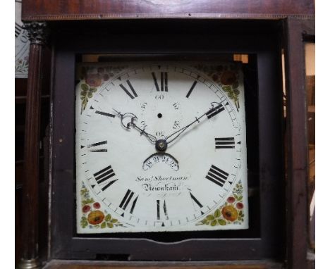 A 19th Century maohgany and inlaid long case clock, the 30 hour movement with square enamel dial and Roman numerals enclosing