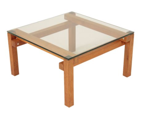 •JOHN MAKEPEACE OBE (b.1939): A SYCAMORE OCCASIONAL TABLE, the rectangular glass top raised on a shaped architectural base, 3