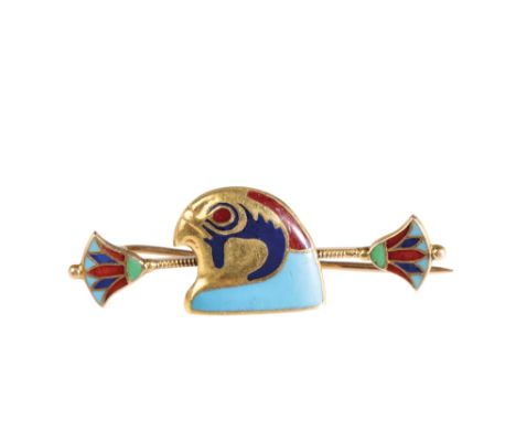 18CT YELLOW GOLD AND ENAMEL ETRUSCAN "HORUS" BROOCH, the reverse stamped "18", 4cm long