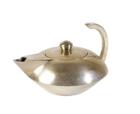 IN THE MANNER OF THE BAUHAUS SCHOOL: A SILVER PLATED TEAPOT, circular form, curved handle, pull-off cover with finial, 15cm l