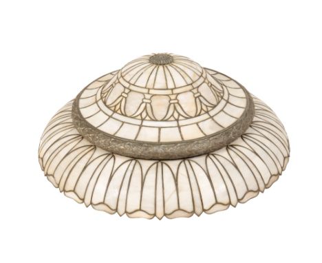 LARGE ART DECO LEADED PEARL GLASS TIFFANY STYLE LIGHT PENDANT, the silvered metal frame decorated with a frieze of leaves and