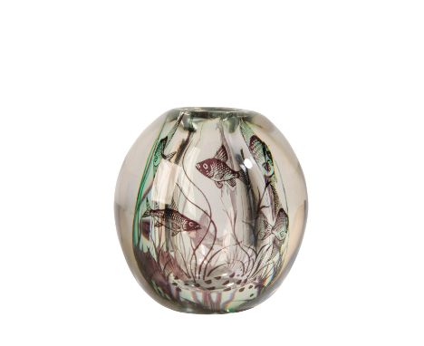 •EDWARD HALD FOR ORREFORS: A GRAAL GLASS PAPERWEIGHT VASE, c.1930, globular form, internally decorated with fish swimming amo