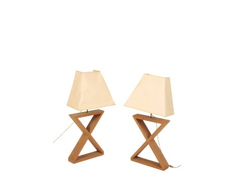 PAIR OF MODERNIST LIGHT OAK TABLE LAMPS, 50cm H x 39cm L (2)