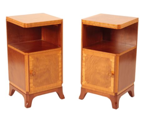 PAIR OF ART DECO SATINWOOD AND WALNUT FRAMED SIDE TABLES, rectangular top with open shelf below, single cupboard door, raised