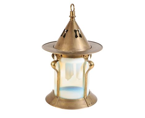 MANNER OF W.A.S BENSON: AN ARTS AND CRAFTS BRASS AND VASELINE GLASS PORCH LANTERN, cylindrical form, the cone shaped top with