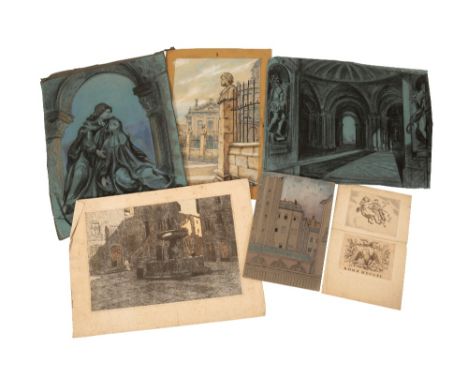 •GEORGY K LOUKOMSKI (1884-1952) A folio of mixed works, predominately architectural drawings, some set designs and figural st