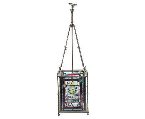 AESTHETIC MOVEMENT BRASS FRAMED LEADED STAINED GLASS HALL LANTERN, decorated with birds in segmented panels, 95cm high x 27cm