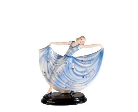 GOLDSCHEIDER: A FEMALE DANCING FIGURE, modelled as a lady in a blue dress, designed by Stefan Dakon, no. 6630, painted and pr