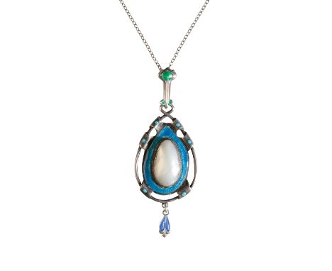 JAMES FENTON: AN ARTS &amp; CRAFTS SILVER, ENAMEL AND PEARL PENDANT, Birmingham, 1908, drop form, the centre inset with a bli