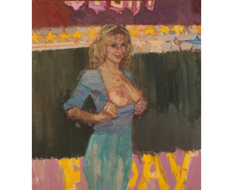 •DON MCKINLAY (1929-2017) 'Girl Friday' A three quarter length portrait study of a young woman exposing her breasts, oil on c