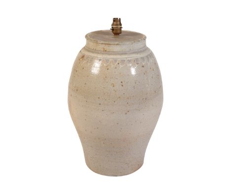•SARAH WALTON (b.1945): A LARGE STUDIO POTTERY STONEWARE LAMP BASE, glazed with stylised decoration, 43.5cm high approx