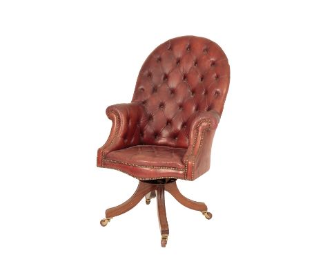 CHESTERFIELD TYPE RED LEATHERETTE CAPTAINS CHAIR, the arched high back top with scroll arms, button-back cushion and seat, br