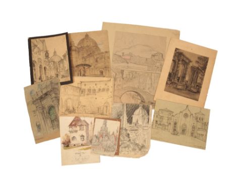 •GEORGY K LOUKOMSKI (1884-1952) A folio of mixed works, predominately architectural drawings, some set designs and figural st