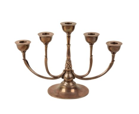 •HARALD NIELSEN FOR GEORG JENSEN: A STERLING SILVER FIVE-LIGHT CANDELABRA, no.537A, reeded leaf-capped arms, urn shaped capit