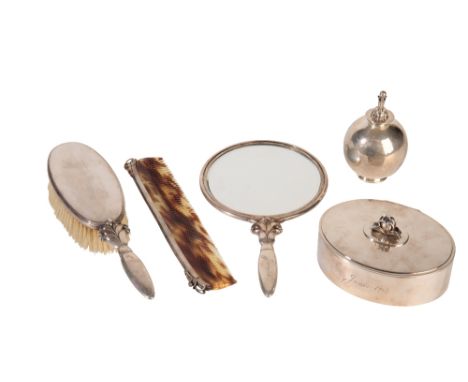 GEORG JENSEN: A STERLING SILVER FIVE-PIECE VANITY SET, comprising a hand-mirror, comb, hand-brush, scent bottle and jewellery