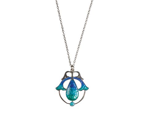 JAMES FENTON: AN ART NOUVEAU SILVER AND ENAMEL PENDANT, Birmingham, 1910, stylised and pierced setting, dark blue and turquoi