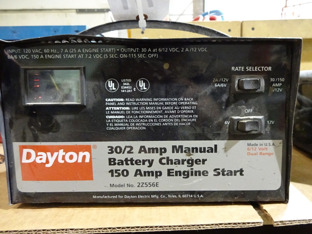 DAYTON MODEL 2Z556E, 30/2 AMP MANUAL BATTERY CHARGER; W/150 AMP Engine ...