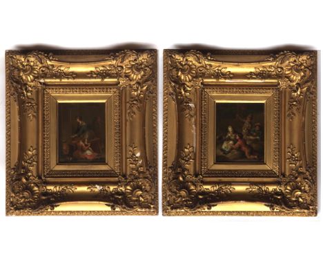 CONTINENTAL SCHOOL (19TH CENTURY) Interior Scene with Figures by a Fire; and Children Playing pair of oils on panel 4 x 3 “ (