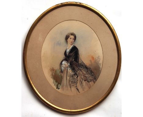 CIRCLE OF GEORGE RICHMOND, RA (1809-1896, BRITISH) Three-Quarter Length Portrait of a Lady Wearing Lace-Trimmed Dress waterco