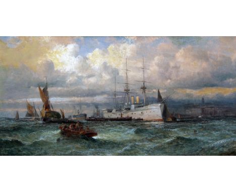 ATTRIBUTED TO WILLIAM THORNLEYbears signature lower right oil on canvas Seascape with Shipping 13  x 25 “ 