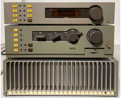 A Quad 405 power amplifier, a Quad 44 control preamplifier, and Quad FM4 Tuner. All power is on apart from the amplifier.