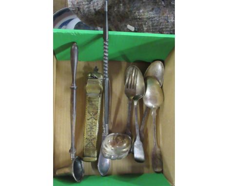 A collection of silver flatware, together with a brass scribe case