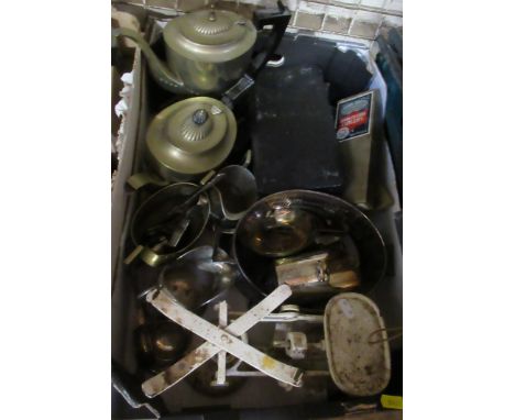 A box of assorted metalware, to include scales, coffee set etc