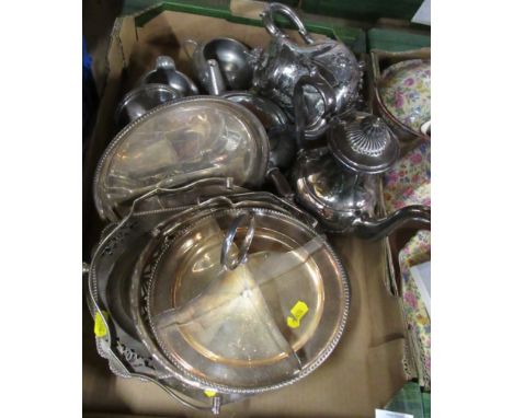 A box of assorted silver plated items