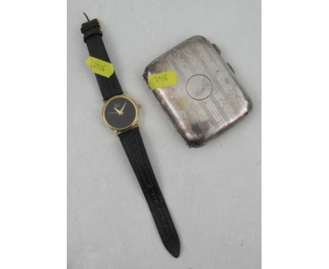 A silver cigarette case, together with a wrist watch