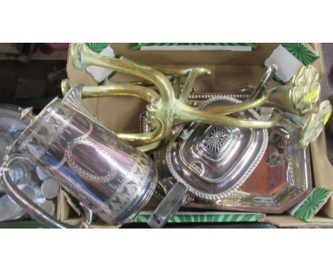 A pair of brass andirons, together with a collection of silver plated items