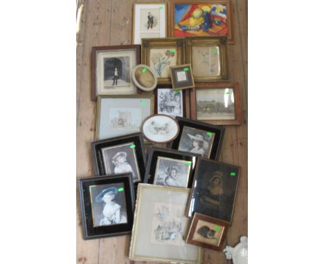 A collection of prints and pictures, together with a gilded frame, a suitcase and a bagatelle board