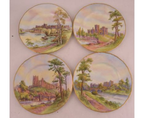 Four Royal Worcester plates, decorated with views of Raglan Castle, Alnwich Castle, Richmond Castle, and Windsor Castle, by a