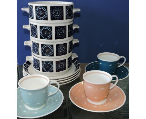 Four Midwinter soup bowls and saucers, with band of purple and blue geometric decorations; together with three pairs of Susie