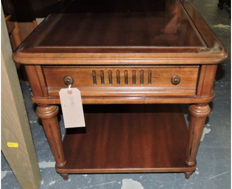 A pair of reproduction rectangular walnut lamp tables each fitted single drawers on legs with undertiers, W. 68cm.