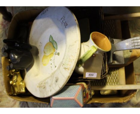 A vintage washboard together with a quantity of assorted items.