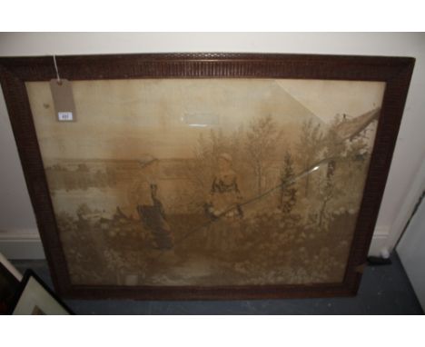 An Aubusson style tapestry panel, showing figures beside a cottage, framed, 74cm x 98cm.