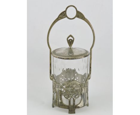 A WMF Art Deco style biscuit barrel, with a clear glass cylindrical liner, H. 30cm.