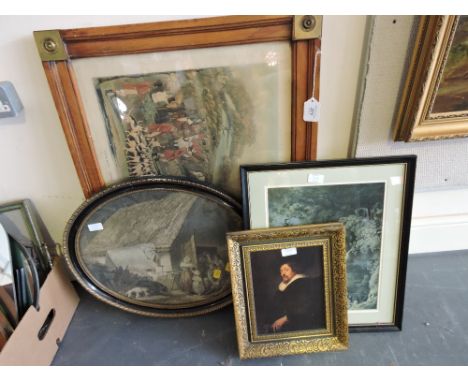 A Victorian coloured hunting print, one other 'Preparing for Market' and two further prints.
